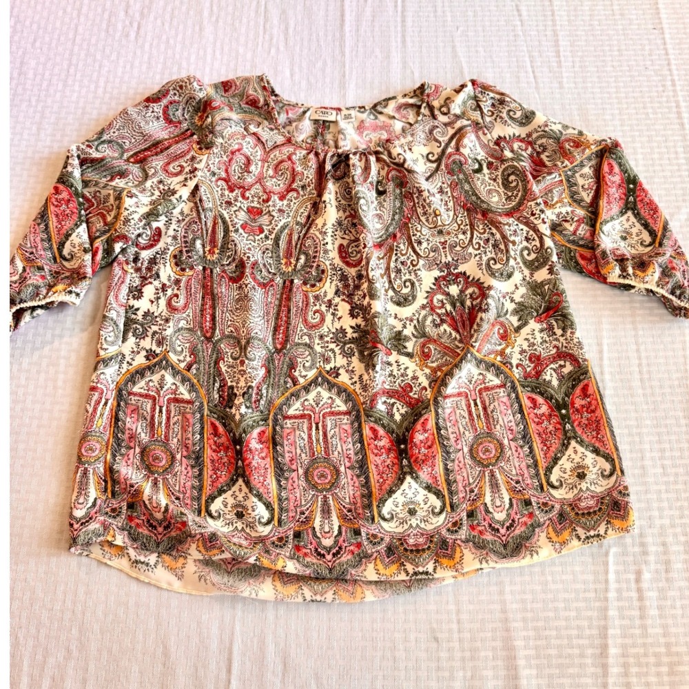 Cato Woman Paisley Print Peasant Blouse Red Green Cream Size 14/16W Boho Top